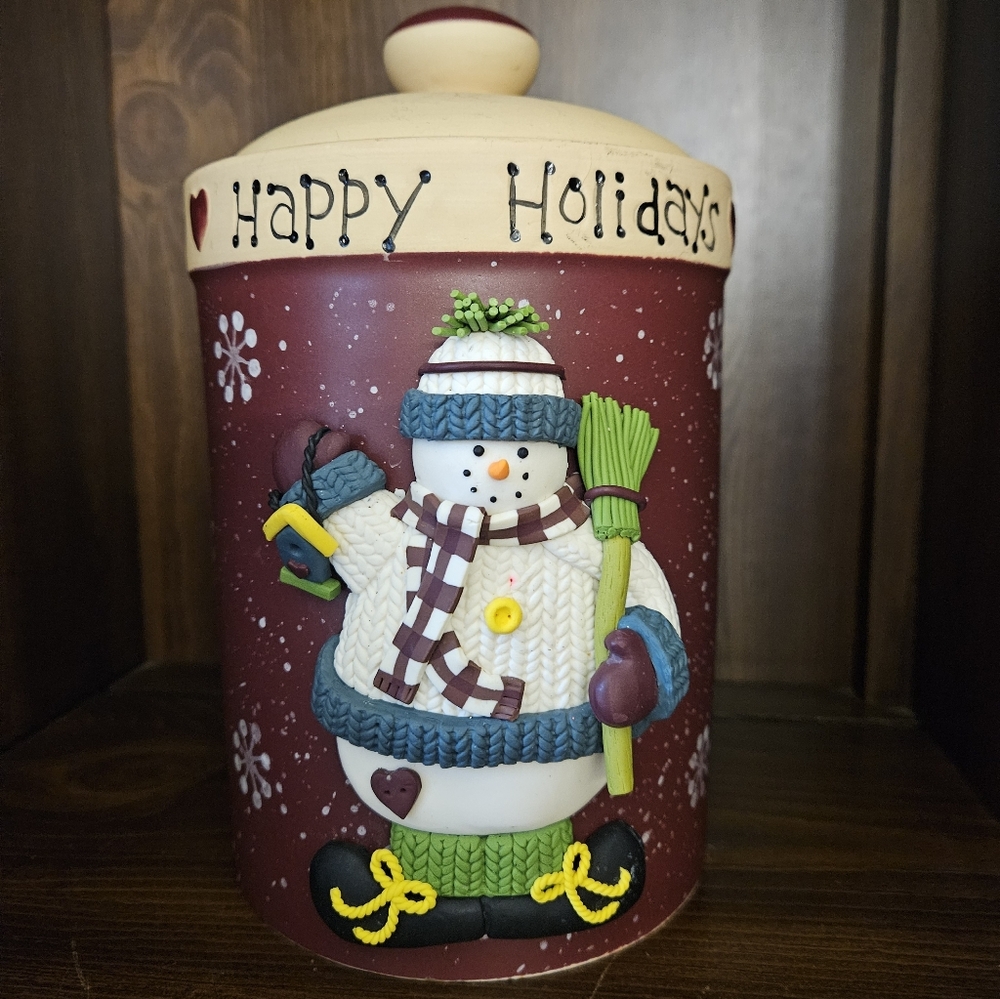 Vintage Festive Snowman Holiday Jar - Burgundy and Cream